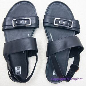 New! FitFlop women's Gracie Stud-Buckle Back-Strap Sandals Leather black, size 7